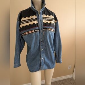 Vintage Shooter Pearl Snap Denim Shirt Long Sleeve Western Aztec Cowboy Small